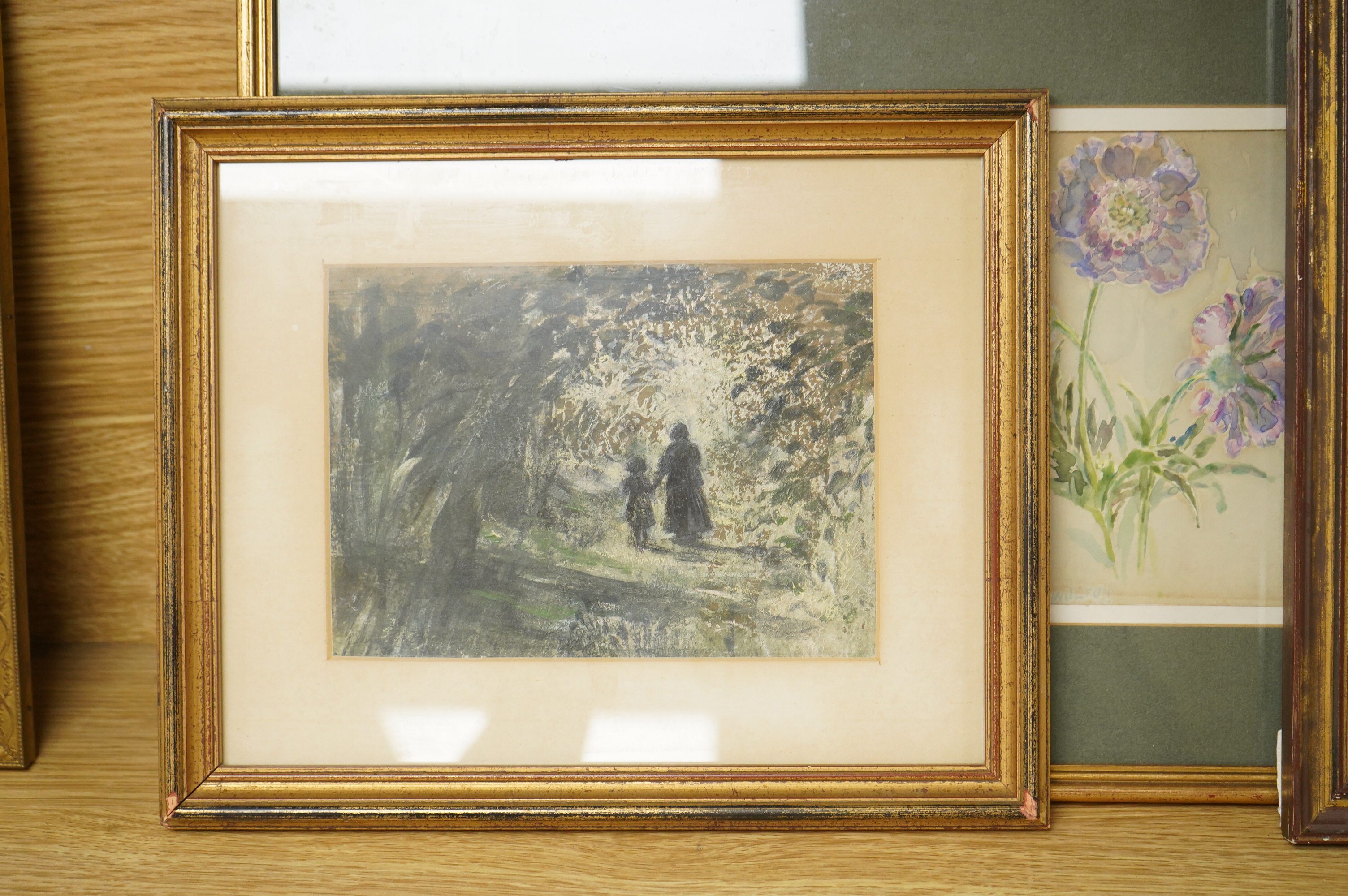 R. E. Cowderoy, Botanical studies, set of three watercolours framed as one, together with a 19th century watercolour of Glengarill, Cork and an oil painting by Sue Broadley, largest 12.5 x 17cm